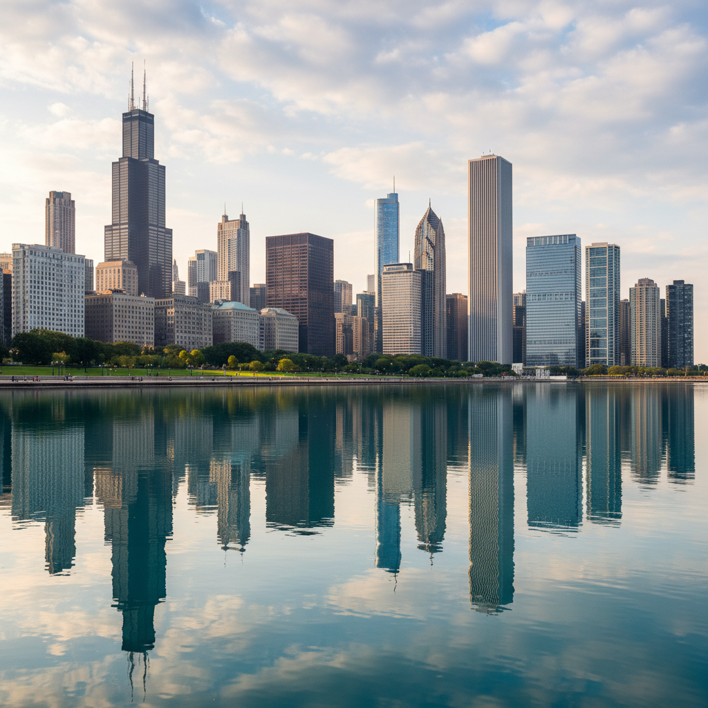 Chicago skyline reflected in Lake Michigan with iconic architecture