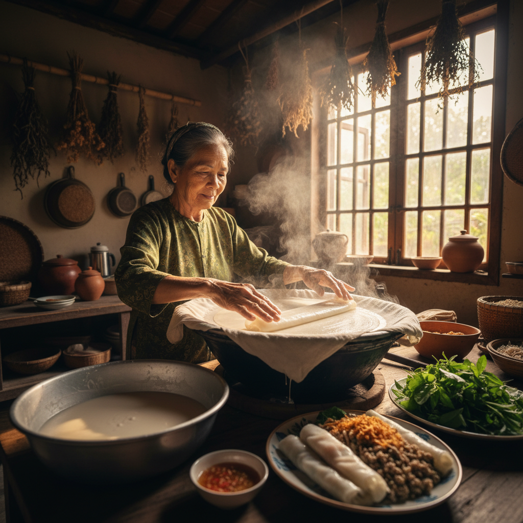 Vietnamese grandmother teaching how to make banh cuon steamed rice pancakes in traditional kitchen
