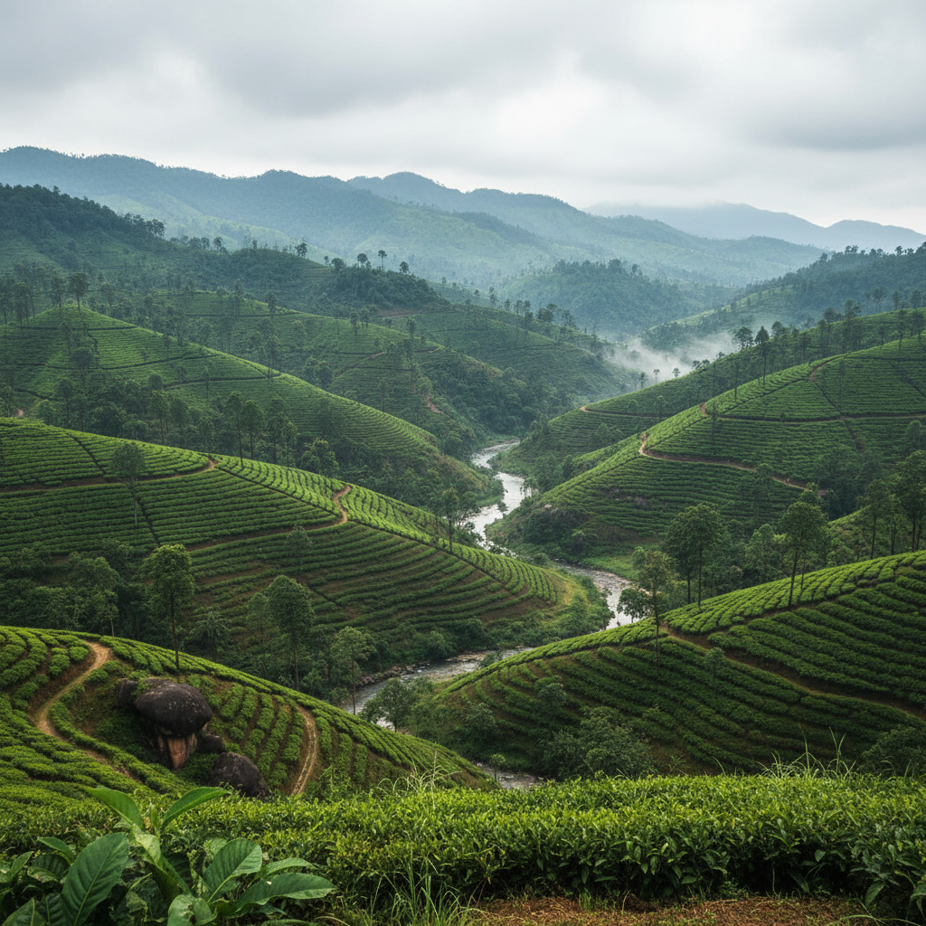 Dooars tea gardens with forest backdrop and river flowing through