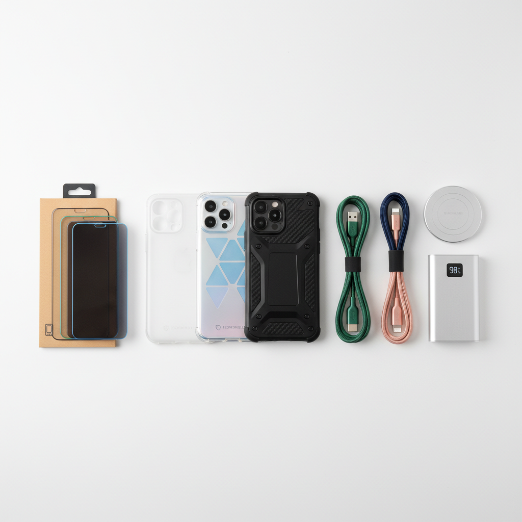 Variedad de accesorios para smartphones incluyendo fundas y protectores