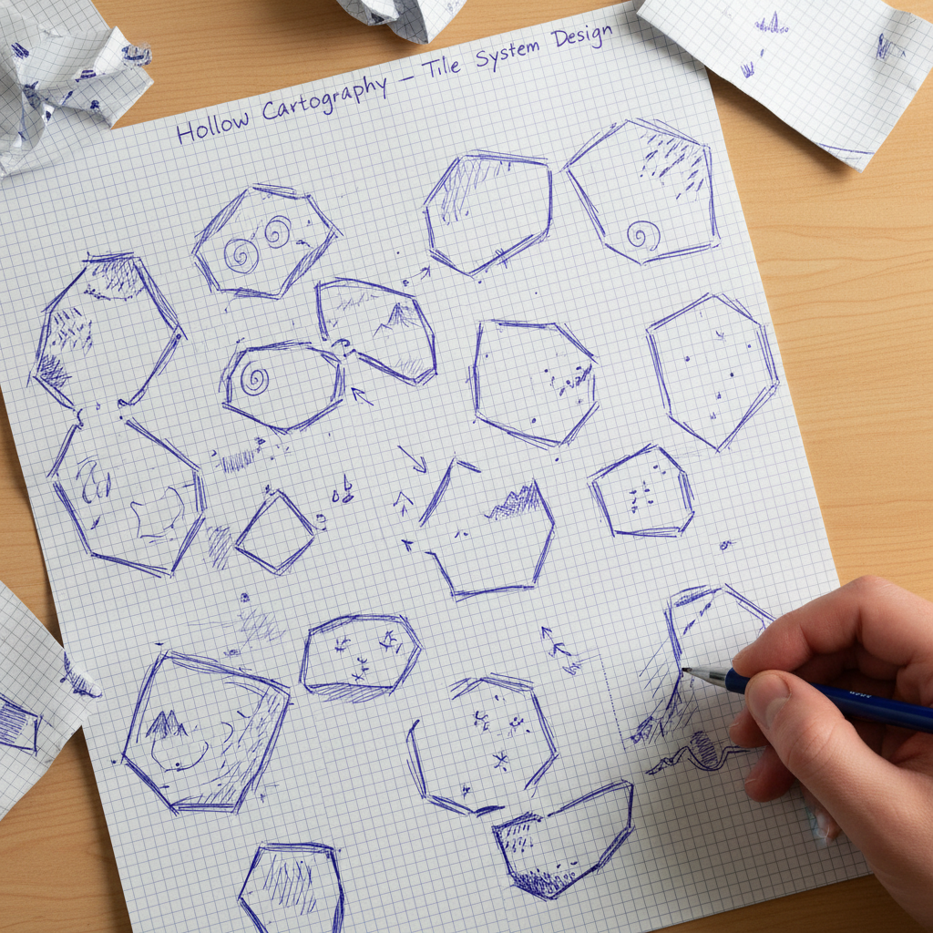 Close-up of graph paper with hand-drawn map tiles in ballpoint pen, showing the physical design process for Hollow Cartography's tile system