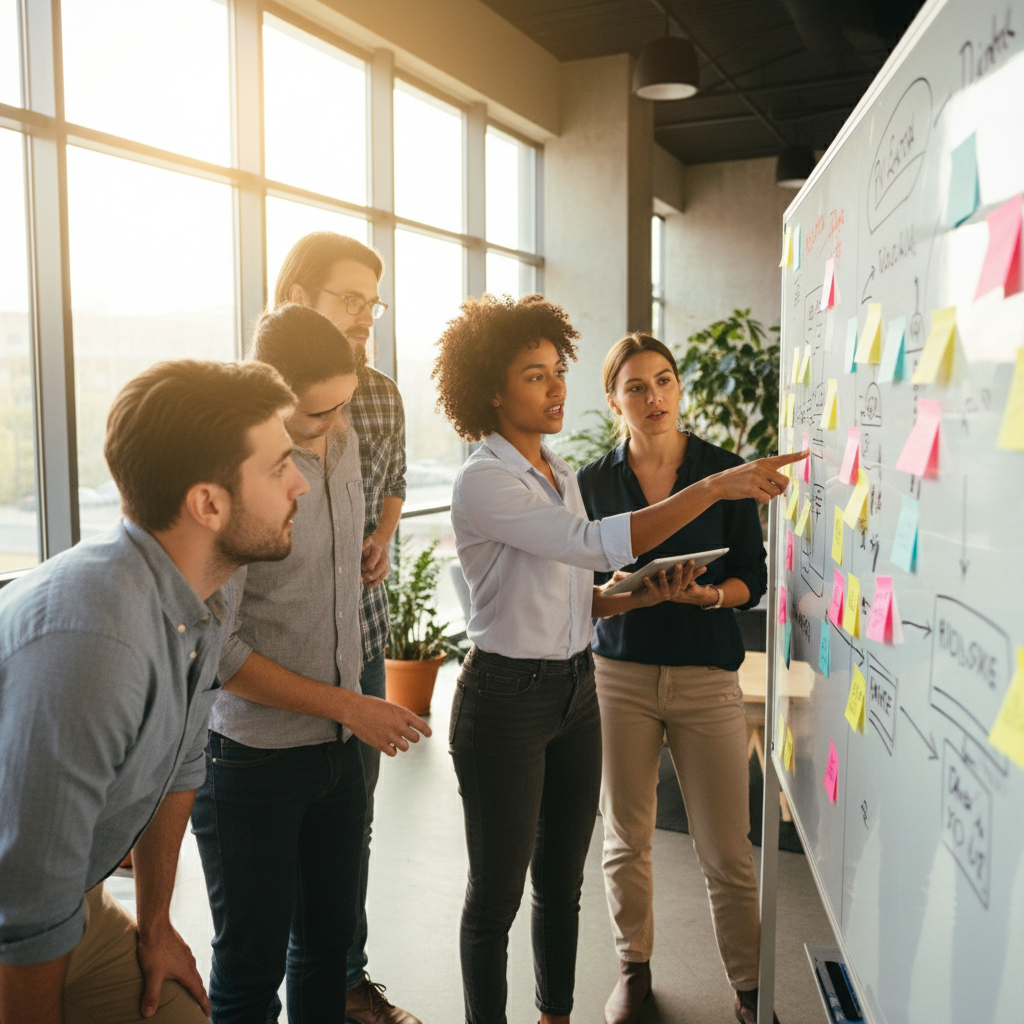 Team members engaged in collaborative customer strategy session, sticky notes on whiteboard, energetic and focused atmosphere
