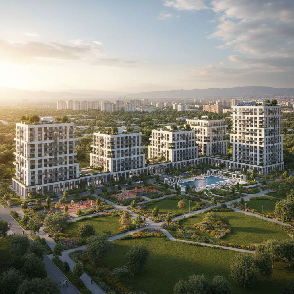 Imagem aérea de condomínio residencial em Gravataí com área de lazer e piscina