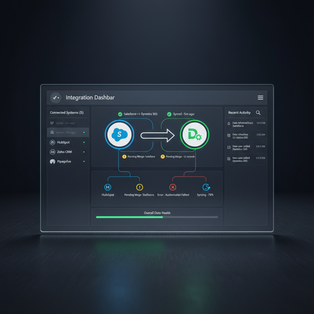 Integration dashboard showing connected CRM systems and data synchronization status with multiple platform logos