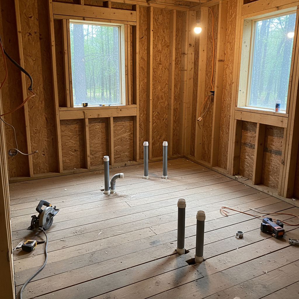 Unfinished cabin bathroom with exposed subfloor and capped PVC stub-outs