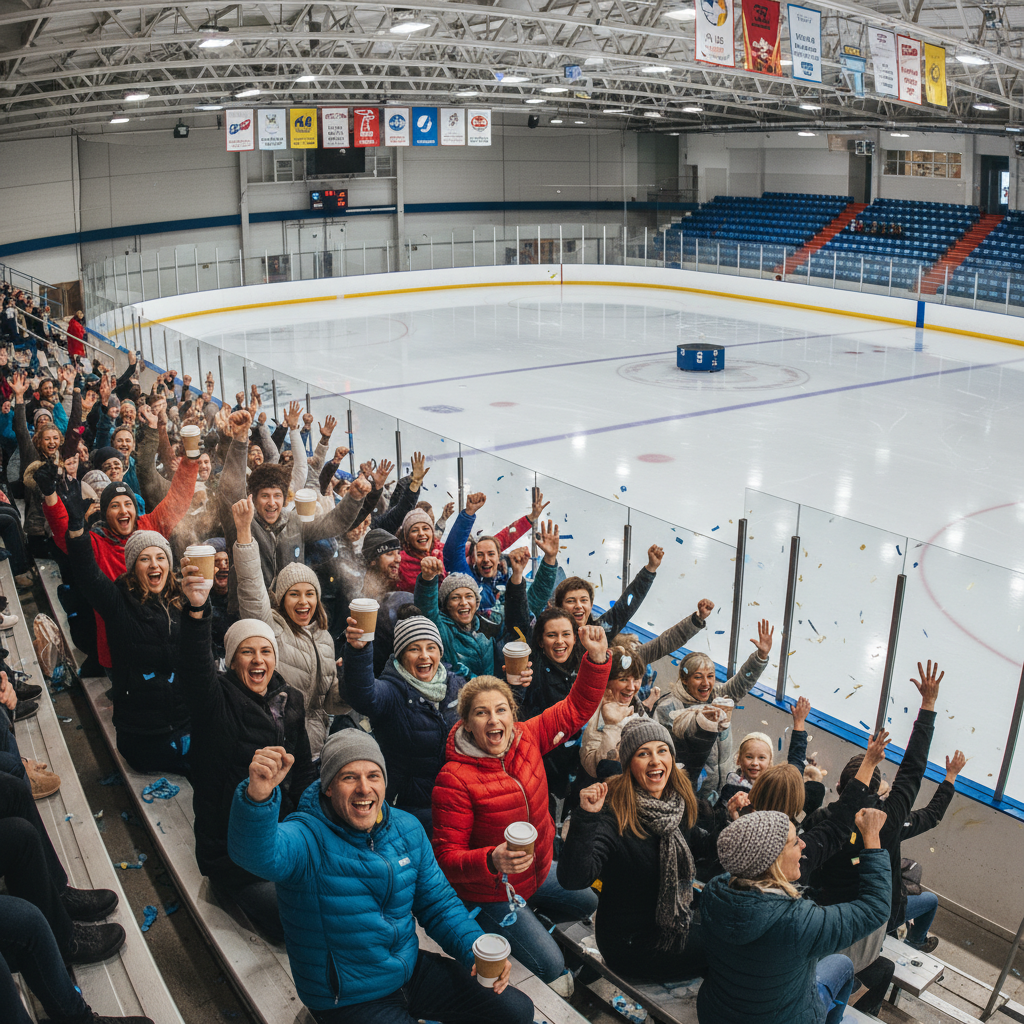 Parents cheering from bleachers holding coffee cups at an ice rink