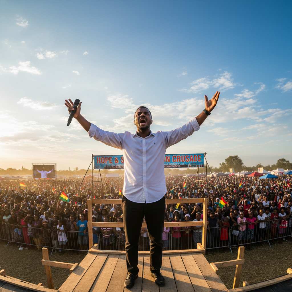 Evangelism event with large audience, outdoor or large hall gathering, speaker with microphone