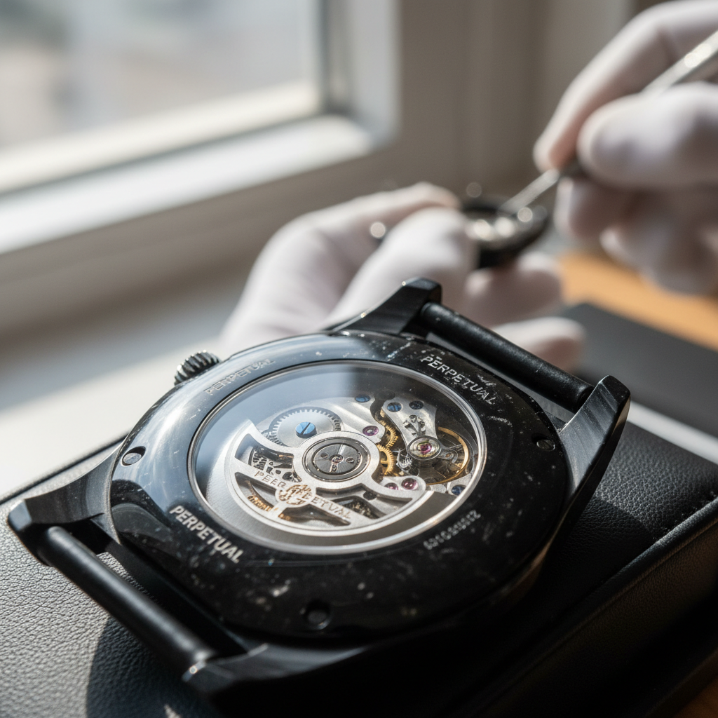 Obsidian perpetual calendar watch with dark dial and gold indices on black background