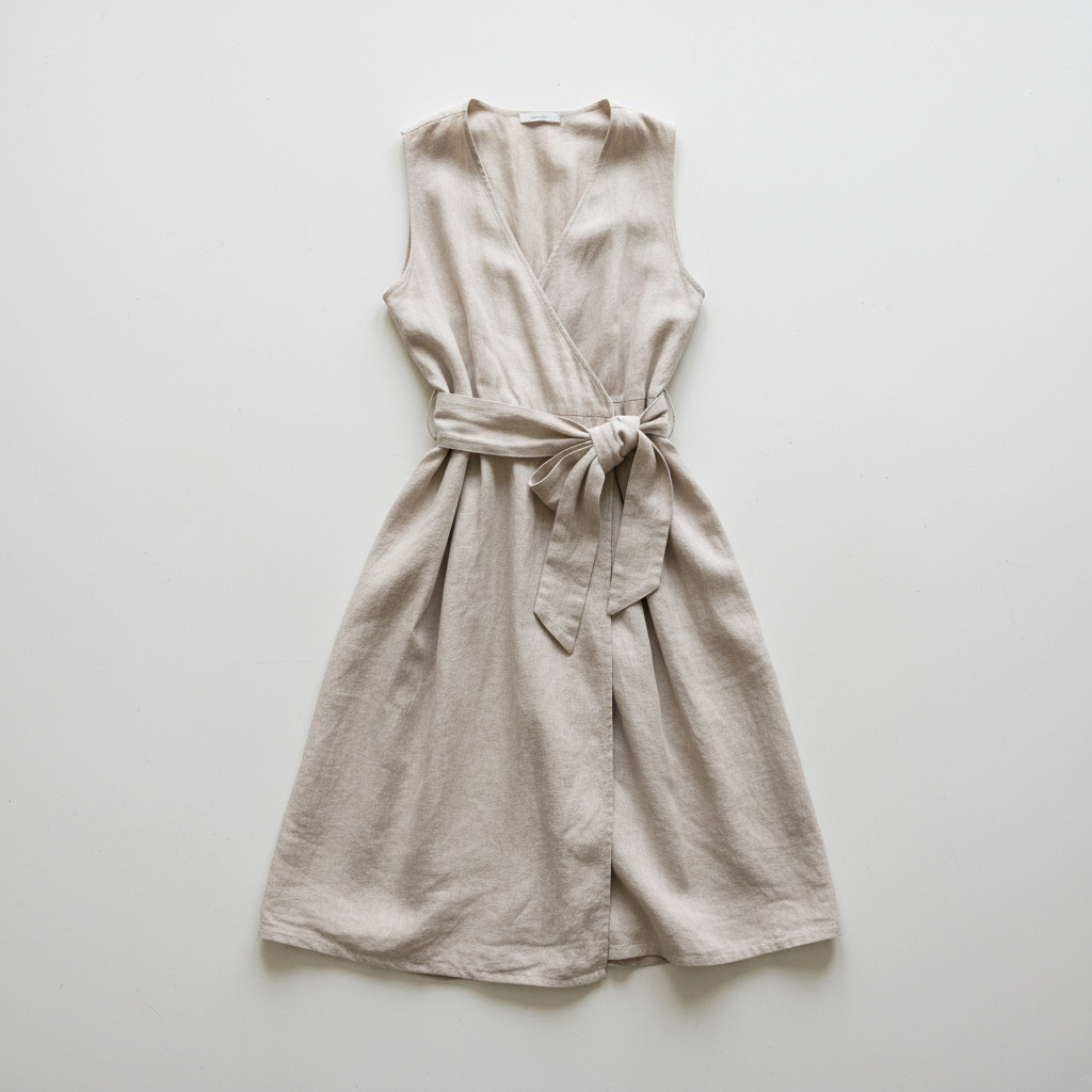 Linen wrap dress detail view, clean white studio background, fabric texture visible
