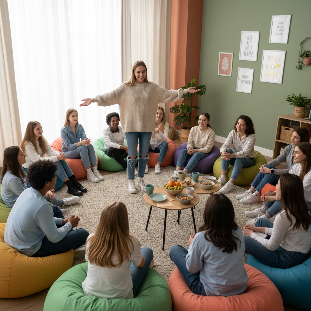 A group of teens at a school counselor support session