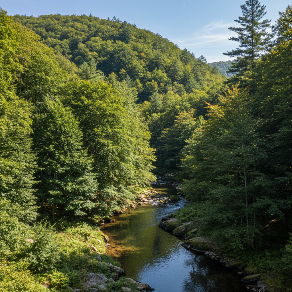 Fully recovered hillside with dense mixed-species canopy and a clear stream running through the valley below