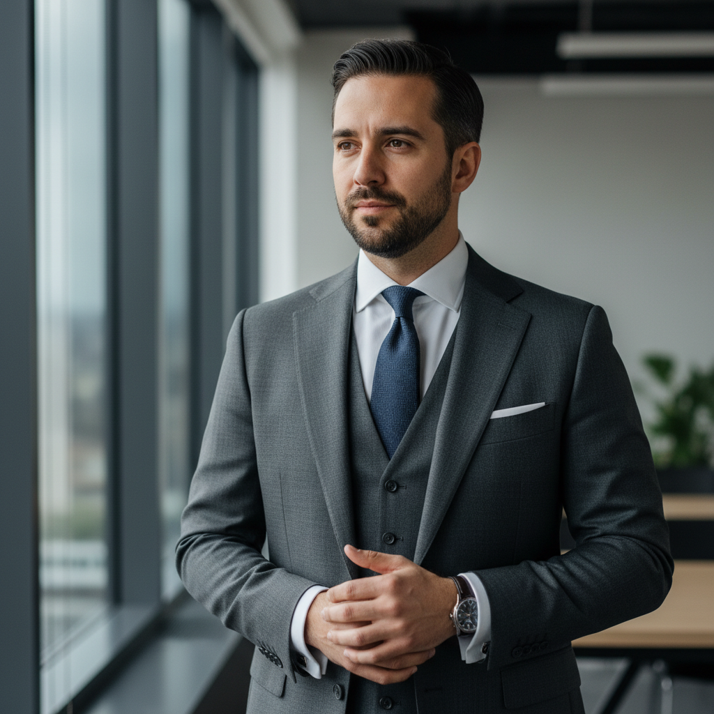 Professional man in tailored suit, hospitality F&B consultant, composed demeanor against neutral background