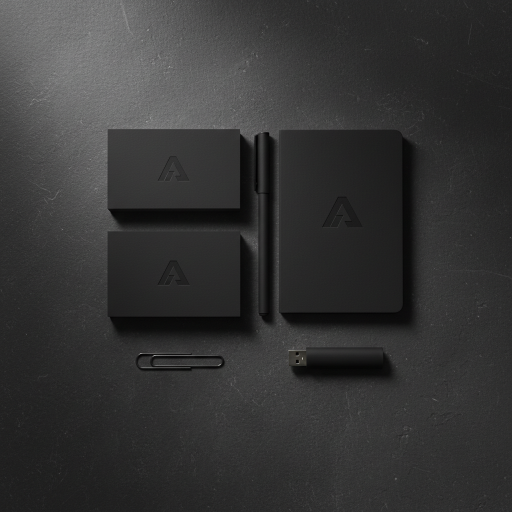 Premium business cards and print materials on dark surface, professional photography