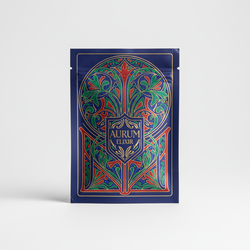 Three side seal flat pouch packaging with premium printed label in industrial packaging setting