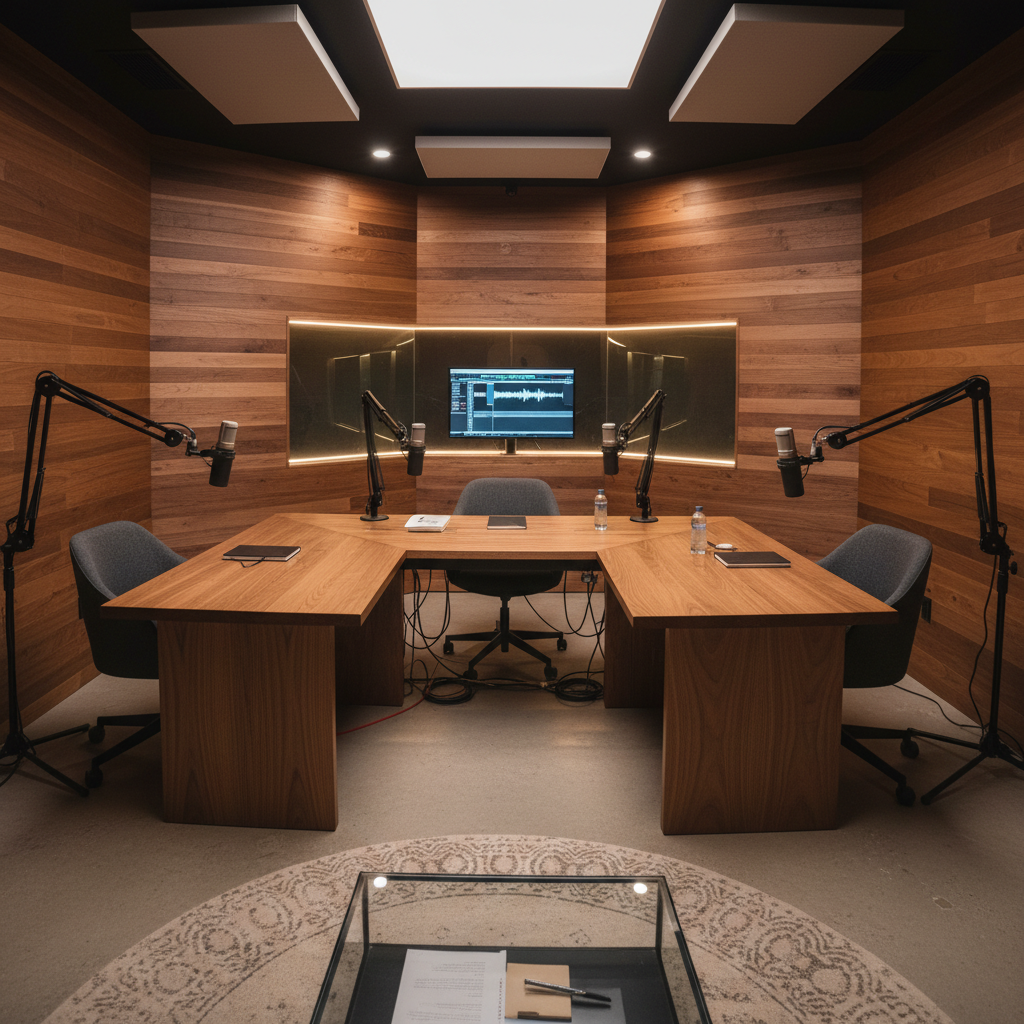 Walnut-paneled professional podcast studio with Neumann microphones on articulated arms, terracotta acoustic panels, and softly glowing monitor bridge behind smoked glass