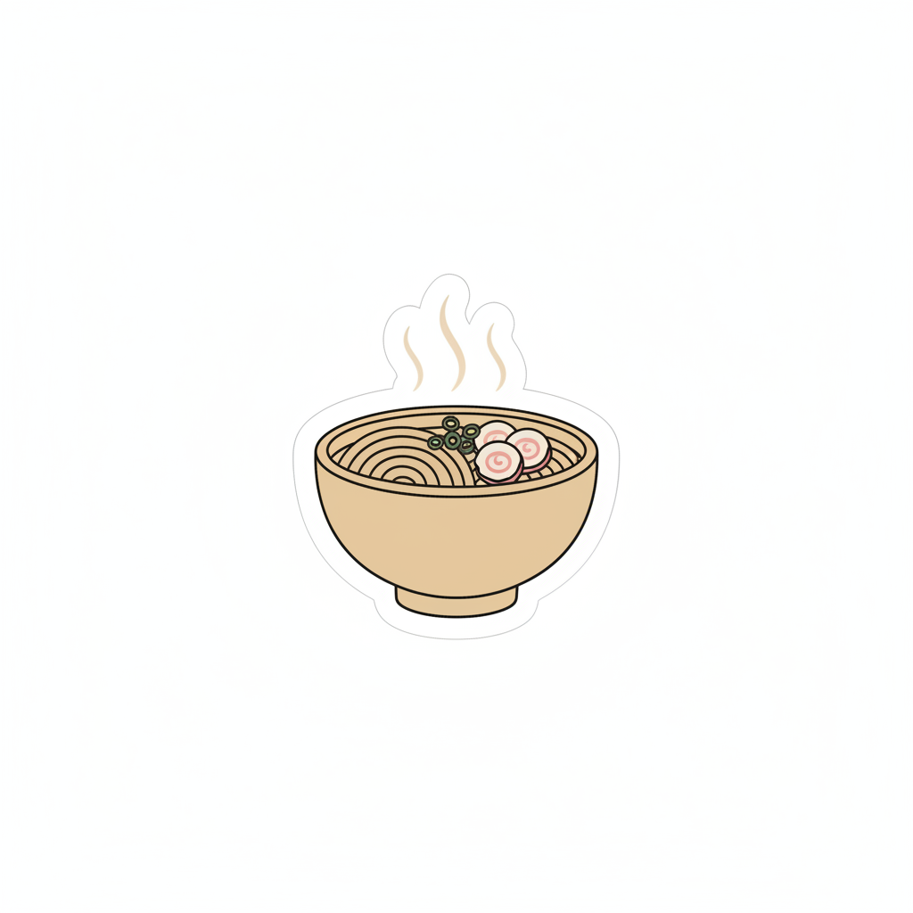 Tiny illustrated ramen bowl with steam rising magnet on kitchen fridge