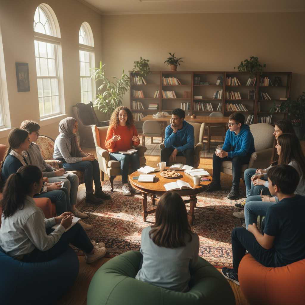 Teenagers laughing and talking in a youth group meeting with warm natural light