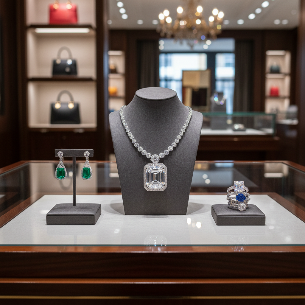 Elegant jewelry boutique with glass cases displaying gold necklaces, rings, and gemstone pieces