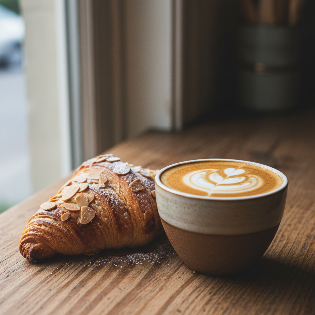 Elegant cortado with a rose petal garnish and cardamom dusting in a small glass on a marble surface