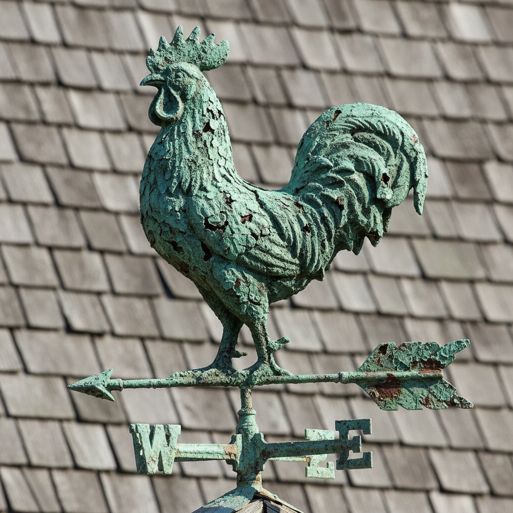 Antique copper rooster weathervane with original verdigris patina