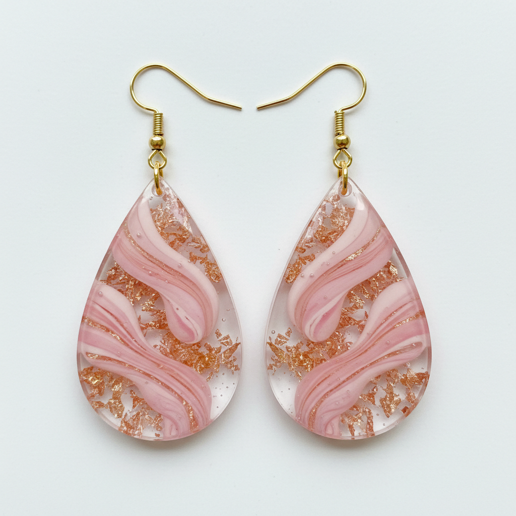 Blush pink rose quartz-toned resin ring with delicate gold foil flecks, on a soft white surface