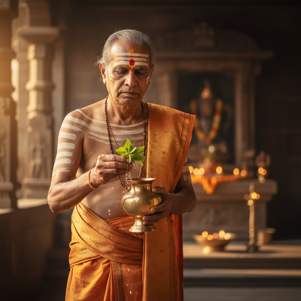 Pandit Raghavendra Sharma, experienced Vedic priest in traditional attire