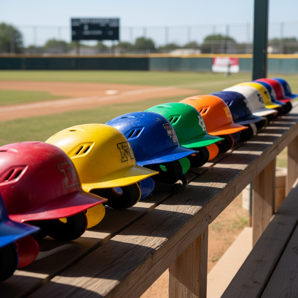 Colorful youth batting helmets lined up on dugout shelf in various sizes