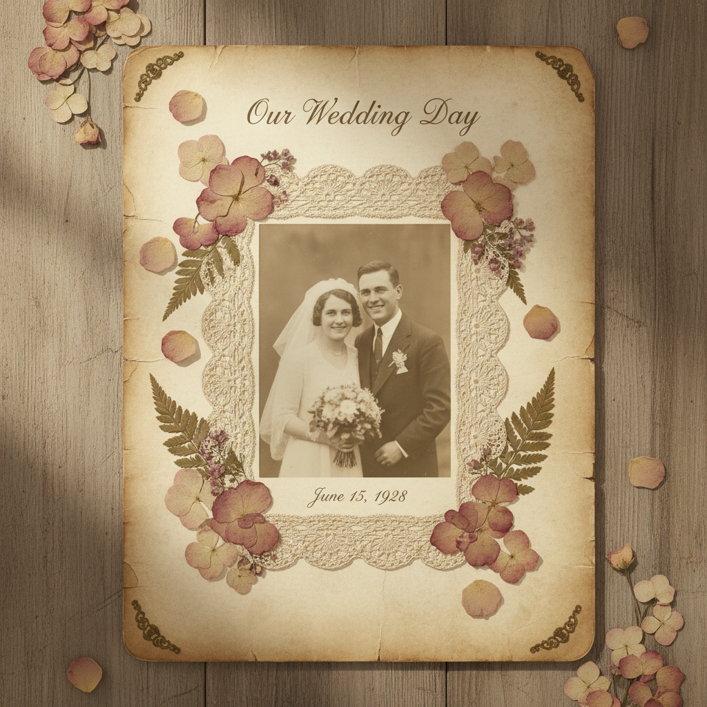 Vintage wedding scrapbook page with lace trim, dried flower petals, and sepia-toned wedding photograph
