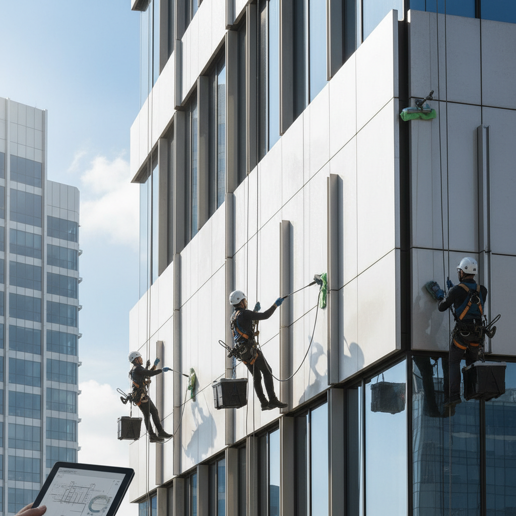 Professional rope access crew working on glass curtain wall exterior of high-rise building