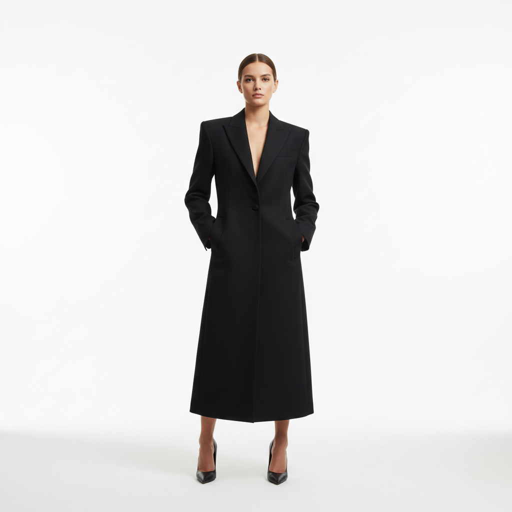 High-fashion editorial model in structured black coat on minimalist white background