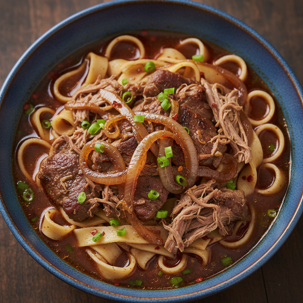 Beshbarmak flat noodles topped with slow-cooked lamb and rich onion broth