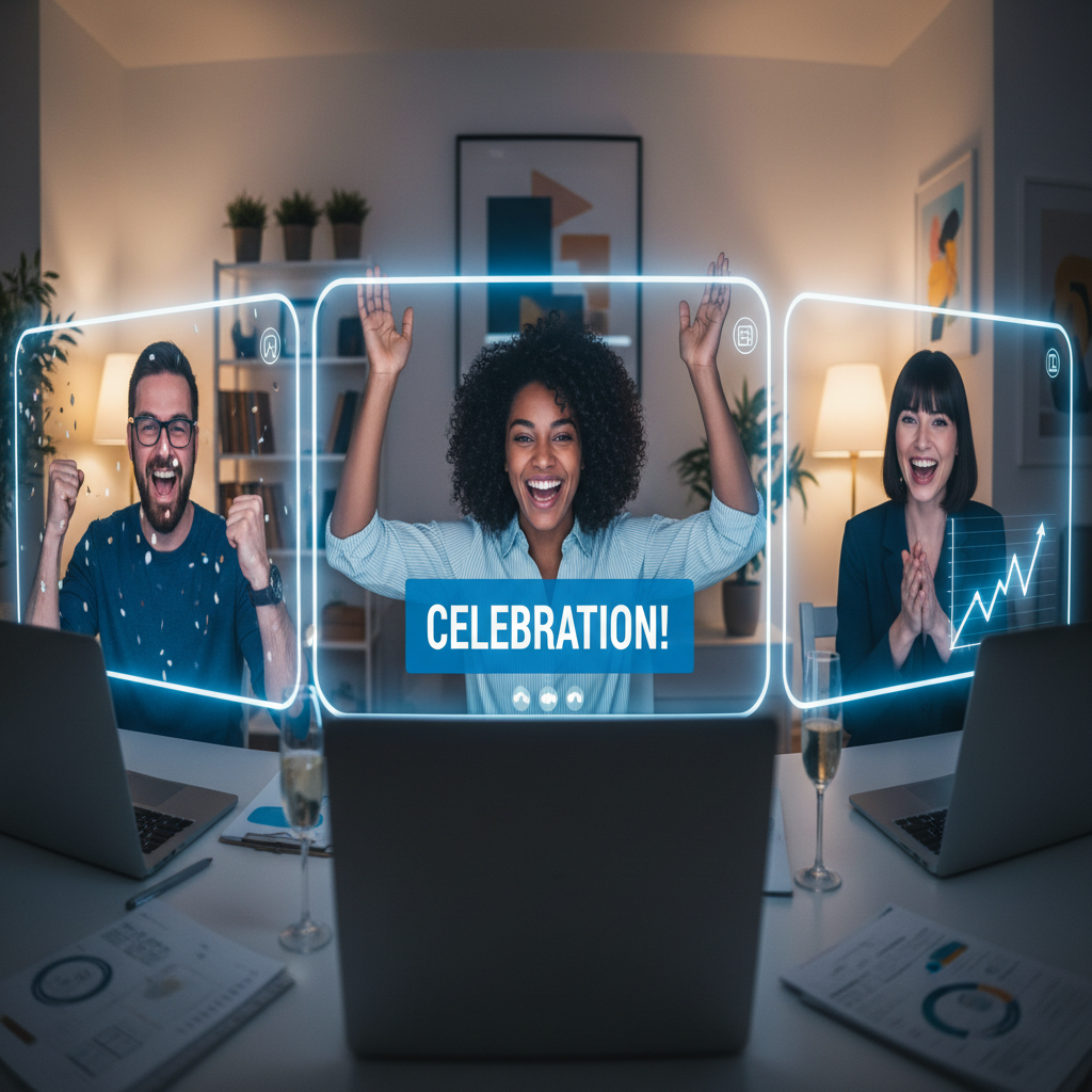 Three founders on a group video call celebrating together with visible excitement