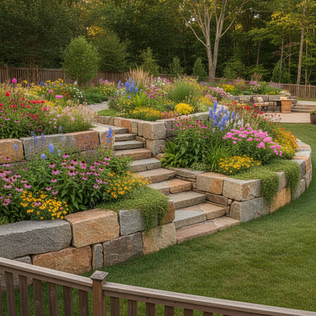 Natural stone walkway and retaining wall in professionally landscaped residential yard