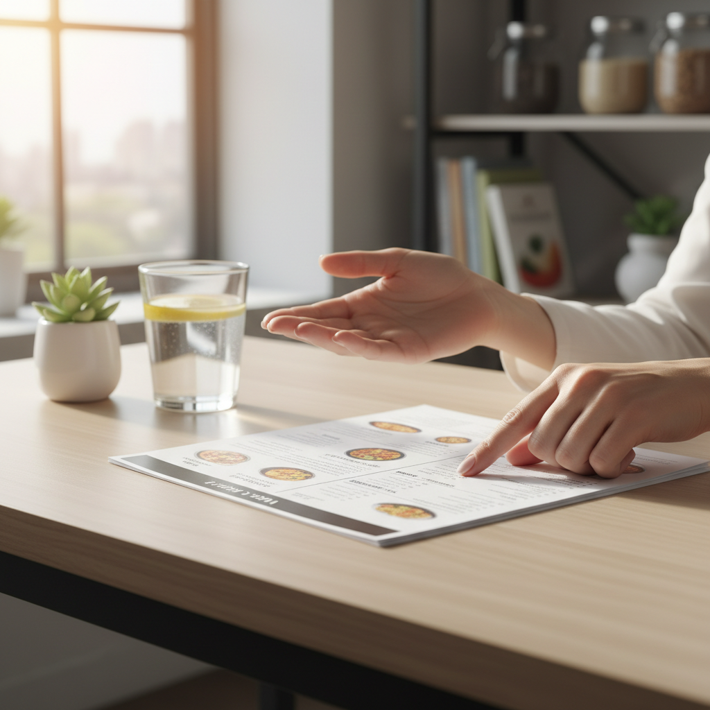 Nutritionist hands gesturing over printed meal plan on consultation table with morning light on water glass