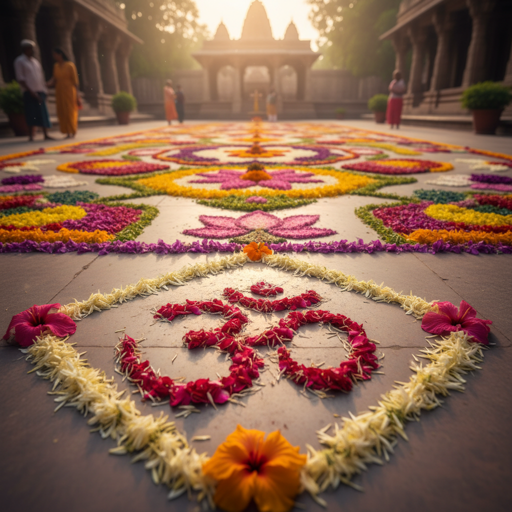 Rangoli made with flower petals in traditional Jain patterns on temple floor