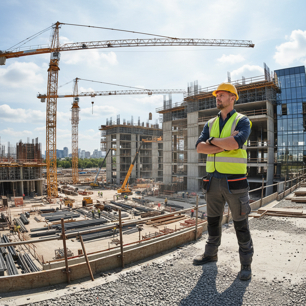 Mike Okafor, builder wearing hard hat on construction site