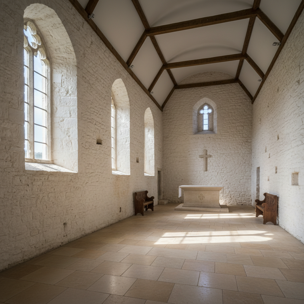 Wide shot of stone chapel interior with whitewashed walls and natural light streaming through arched windows onto limestone floor