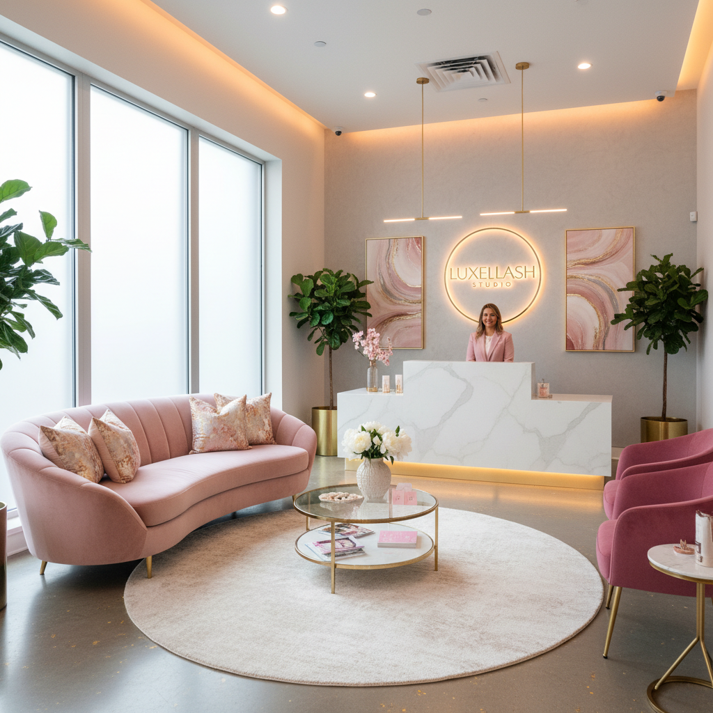Lash artist working in a luxury pink and white beauty studio setting