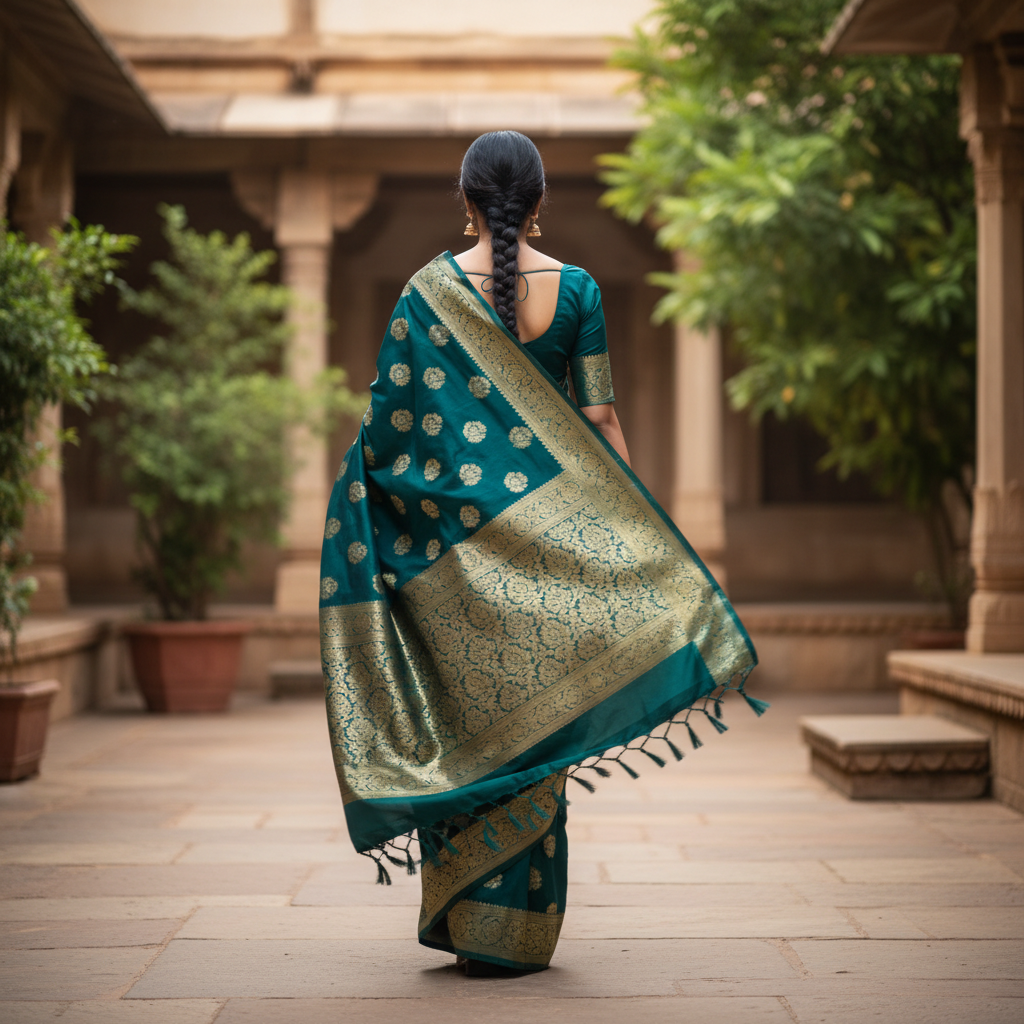 Indian woman walking away in a fully draped deep teal Kanjeevaram saree, pallu trailing behind her in soft motion blur