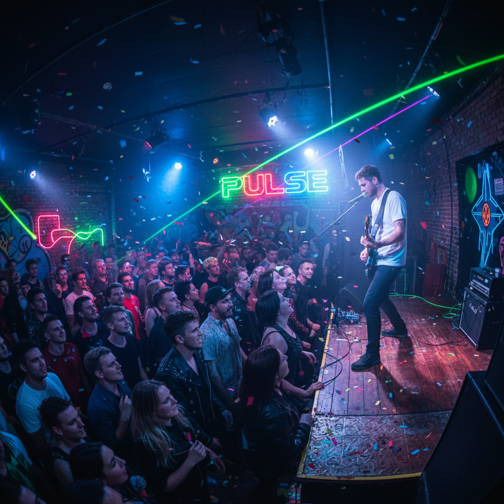 Intimate club venue with neon lighting and packed crowd watching solo performer on small raised stage