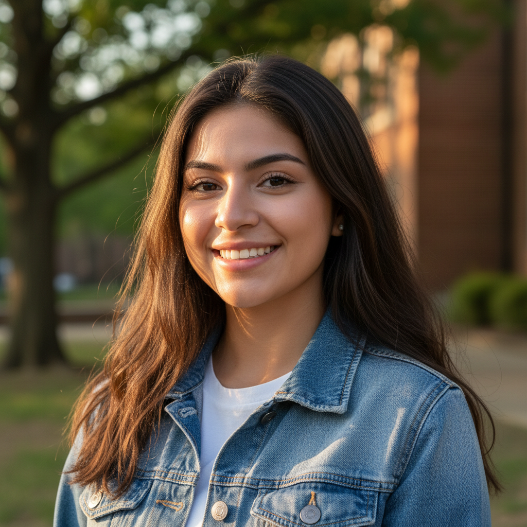 Young Latina college student with long dark hair, wearing a denim jacket, photographed outdoors with a natural smile