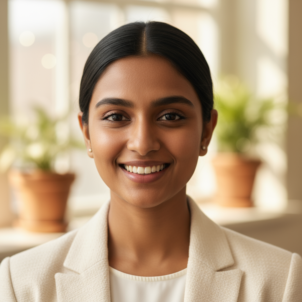 Young Indian woman with dark hair, smiling confidently, neutral light background