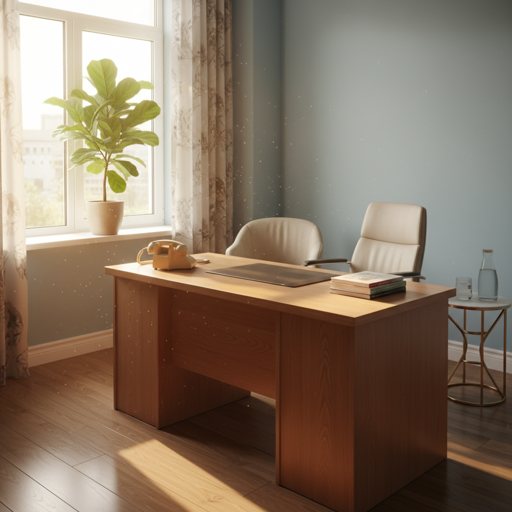 Warm physician office with natural light, a landline phone on a wooden desk, and a potted plant on the windowsill
