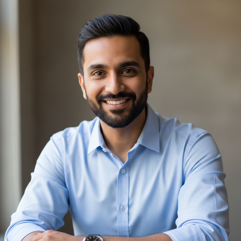 Senior Indian male architect in professional setting, confident expression, warm office lighting