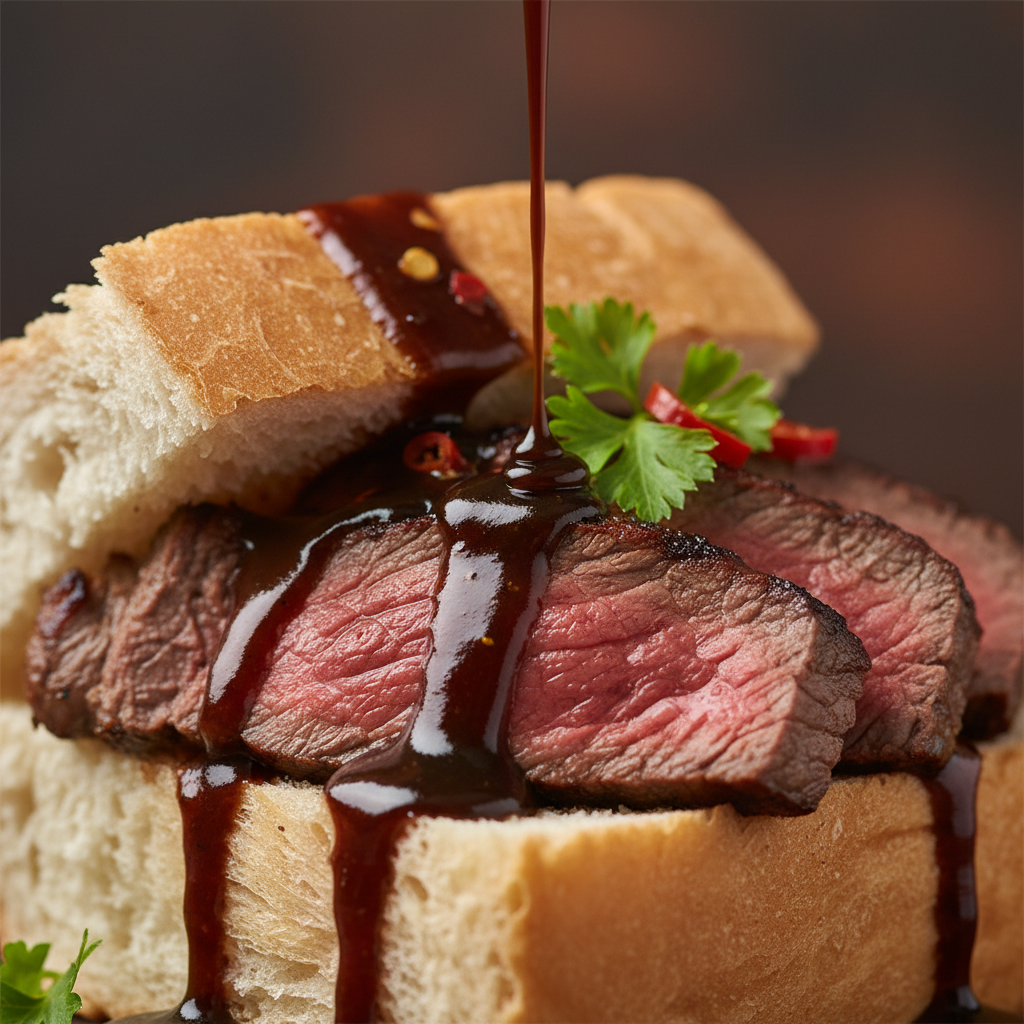 Steak kota with grilled rump and rich sauce on dark background