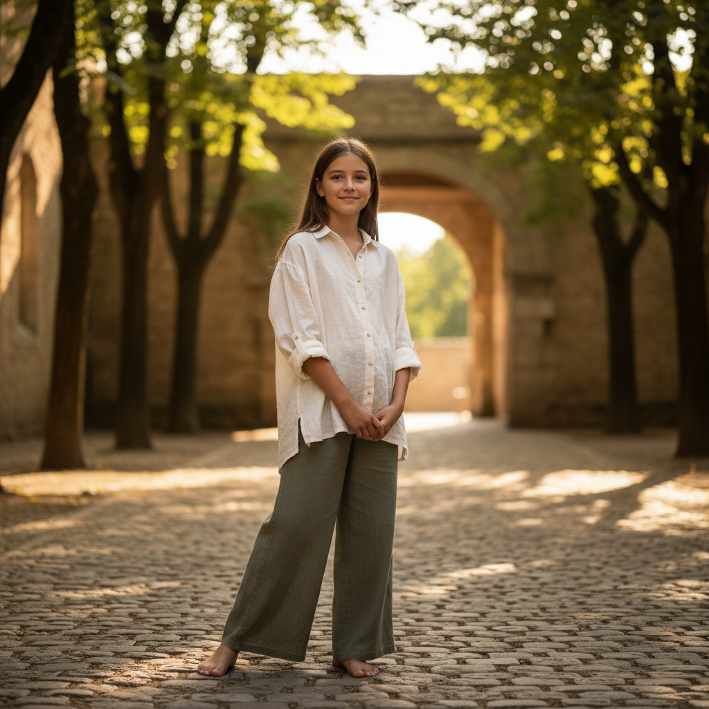 Woman in light linen shirt and wide-leg trousers outdoors, bright natural light, airy atmosphere