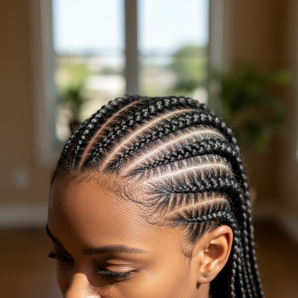 Intricate cornrow braids seen from above on a young woman, detailed pattern