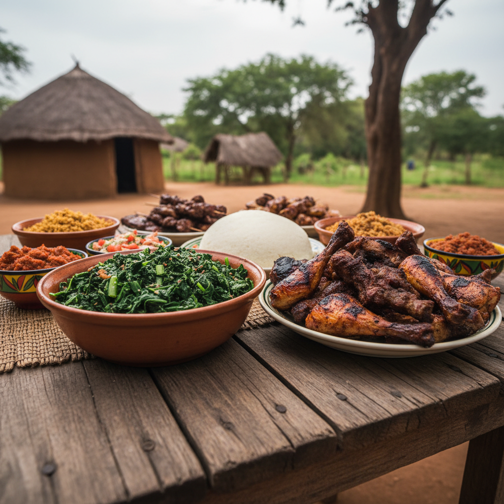 Colorful Kenyan food spread with ugali beans and sukuma wiki on table
