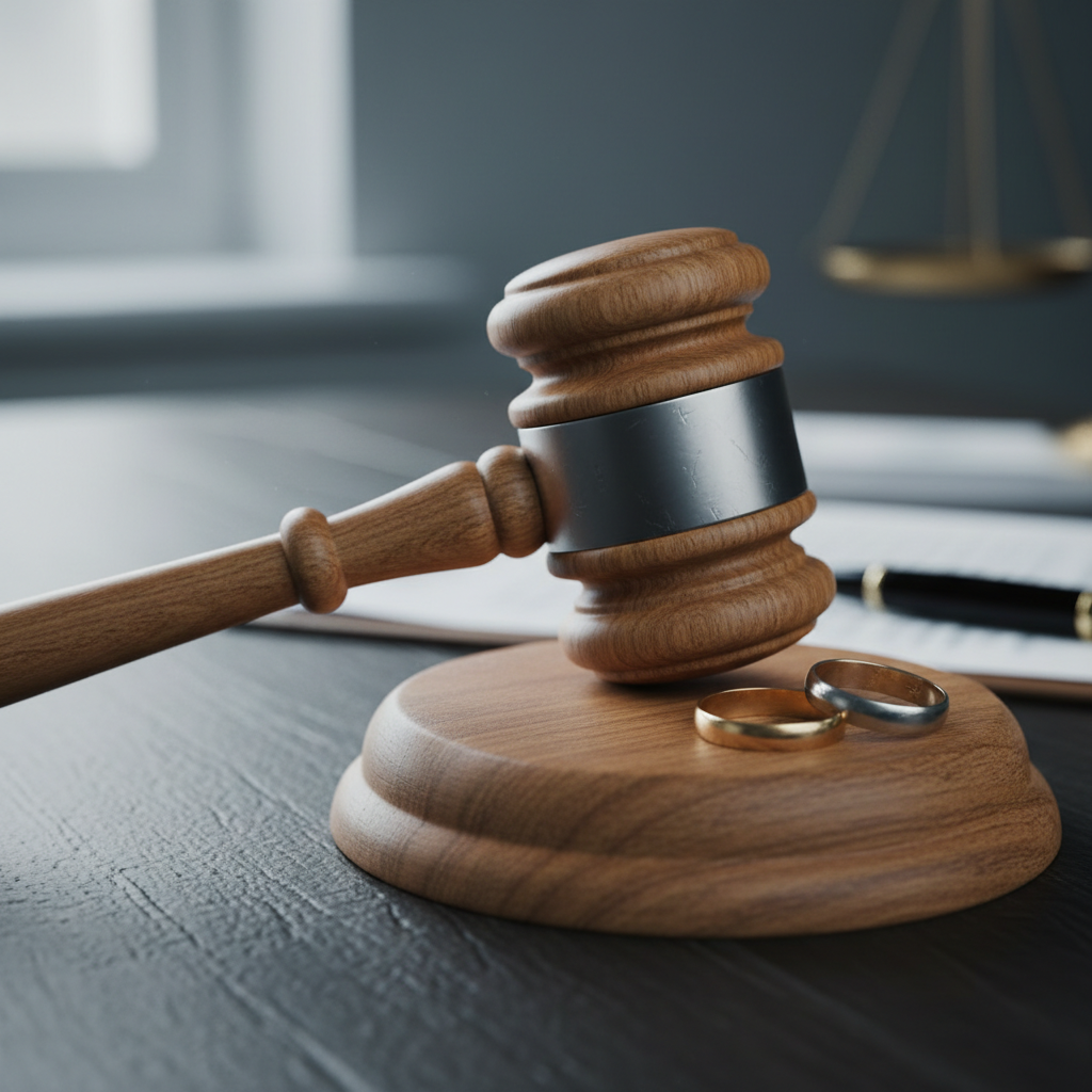 Legal documents and gavel on a desk symbolizing divorce proceedings and new beginnings