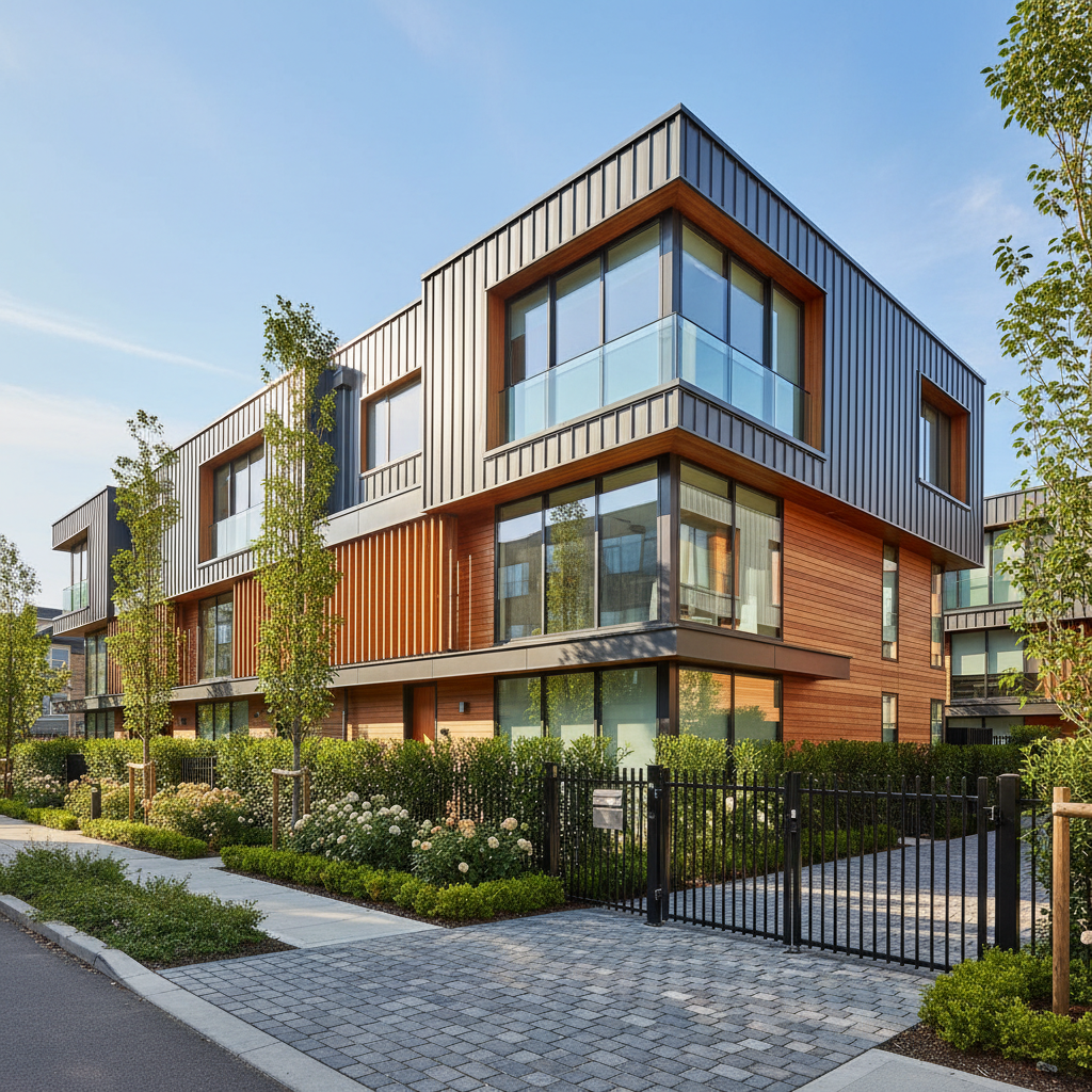 Townhouse exterior with garden, modern facade, bright daylight, suburban setting, clean architecture